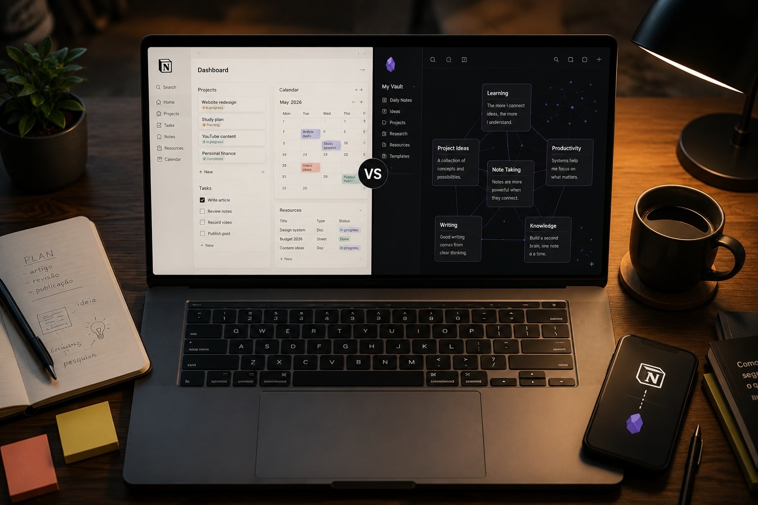 Notion ou Obsidian? Duas formas bem diferentes de se organizar